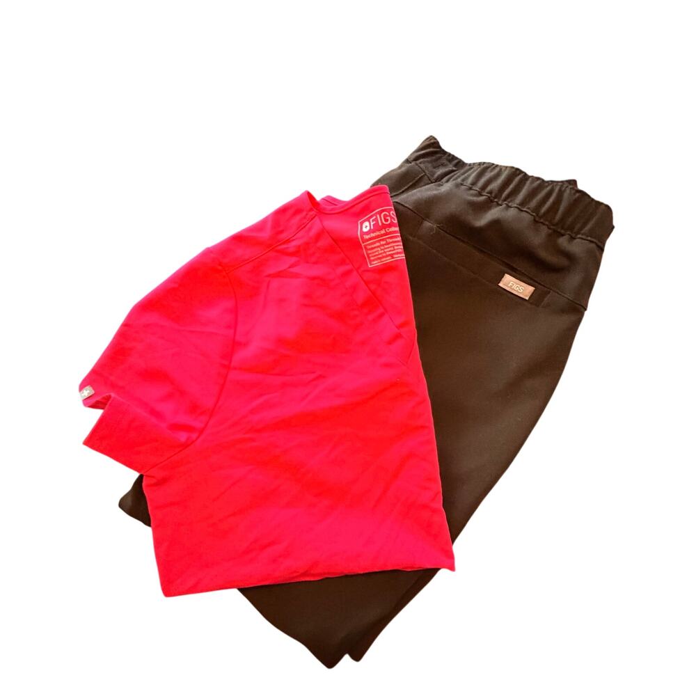 Set of Figs Womens Scrubs Pants & SS Top jogger Pockets Large pink black